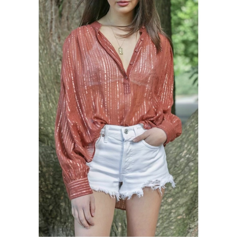 Ulla Johnson Momo Tunic - Brown Metallic Striped Button Up Shirt Blouse